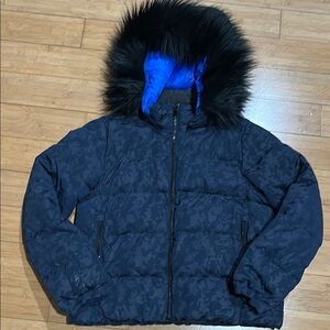 Navy Puffer Jacket with Black Fur Hood